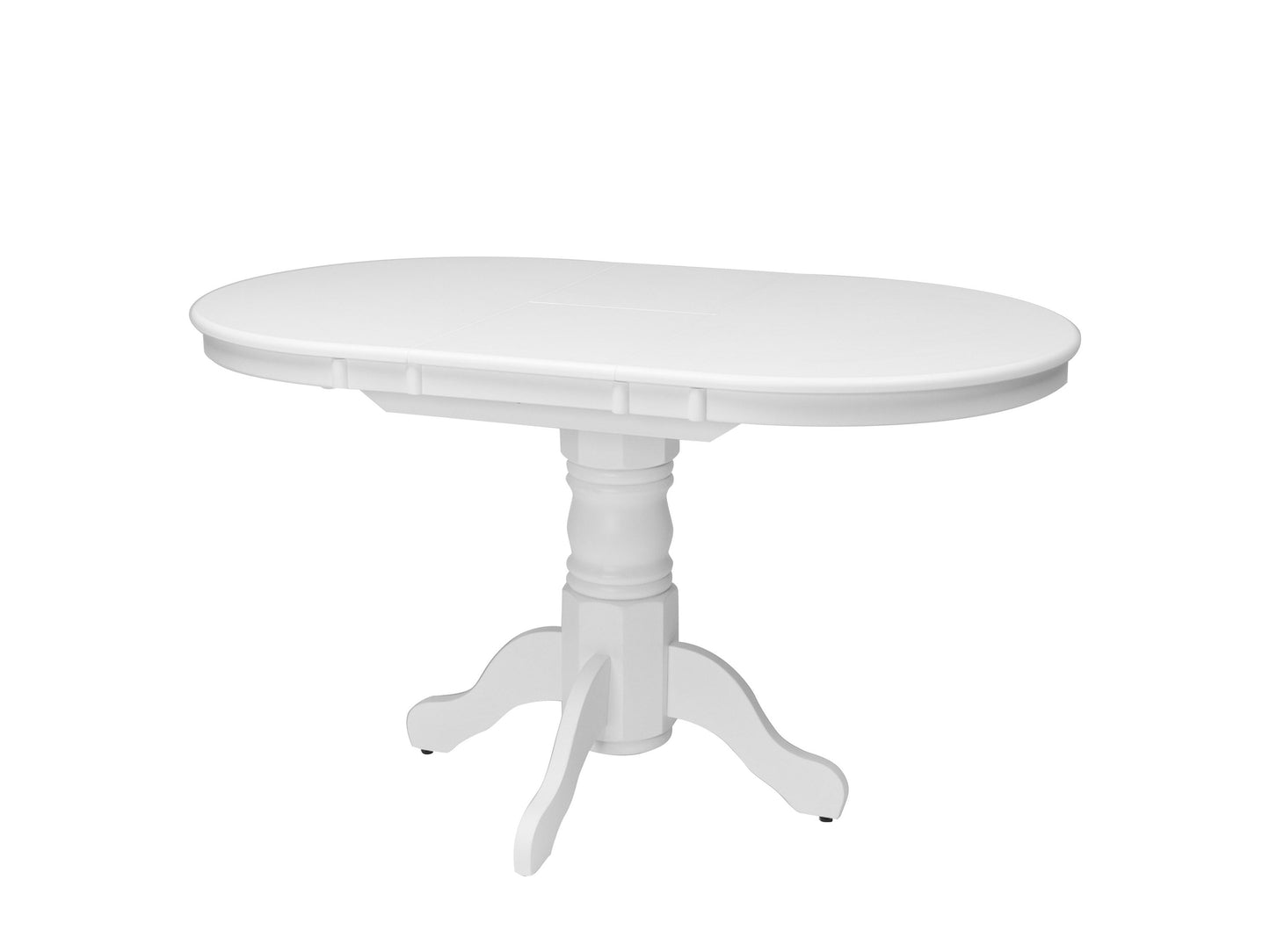 Extendable white oval dining table with sleek wooden legs and minimalist design, perfect for modern dining rooms.