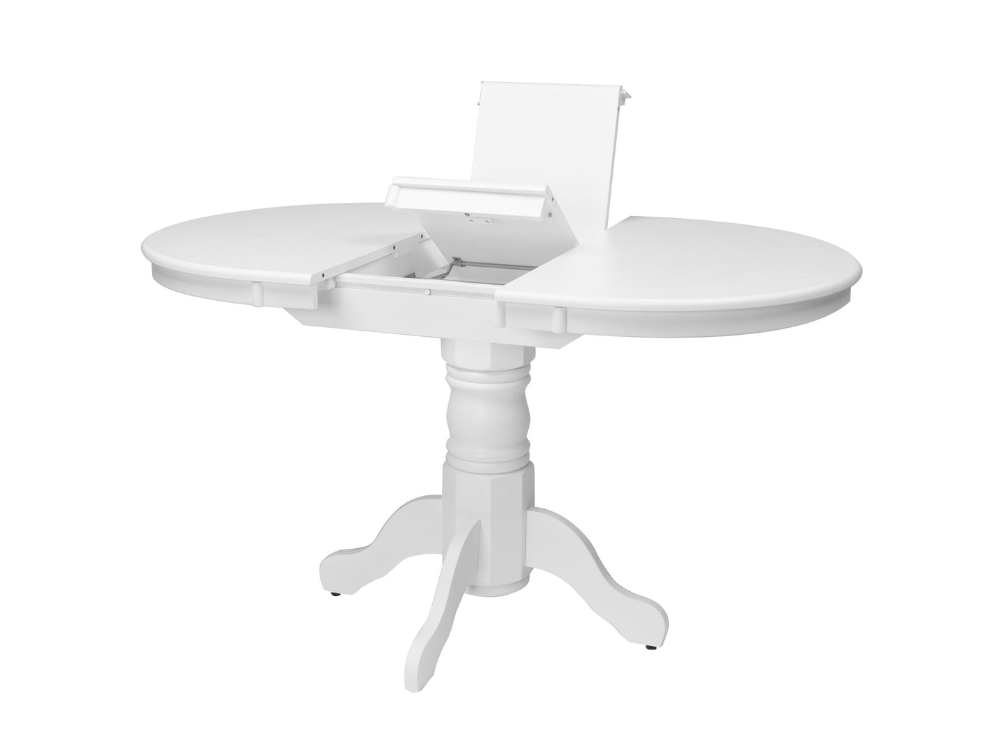 Extendable oval white dining table with smooth finish and modern design, perfect for contemporary dining rooms.