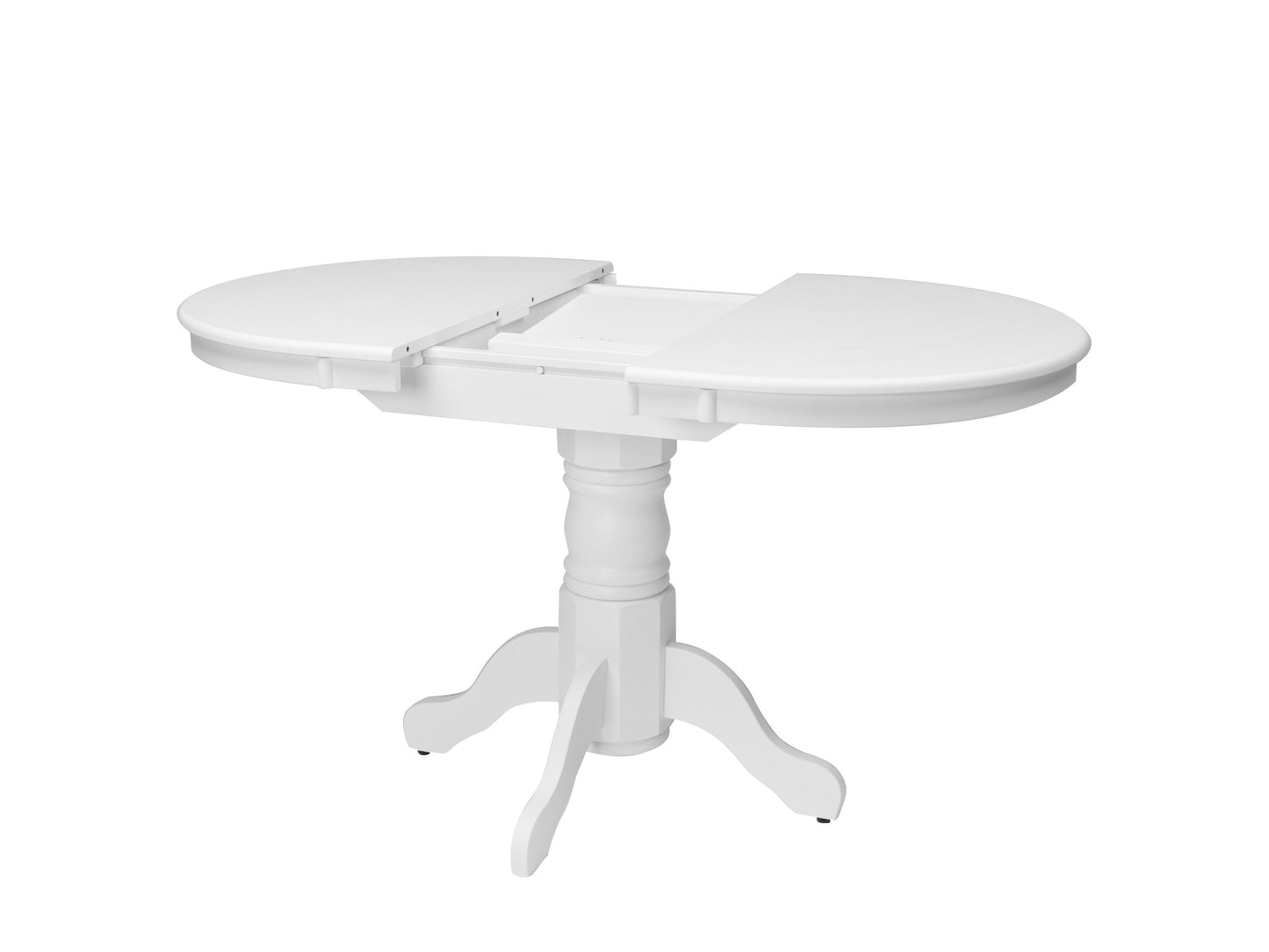 Extendable oval white dining table with sleek design, perfect for modern dining rooms.