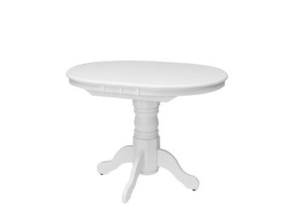 Extendable oval white dining table with a sleek finish and modern design.