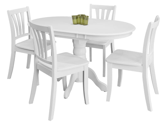 White extendable oval dining set, 5-piece, with sleek modern design, including four cushioned chairs and a minimalist dining table.