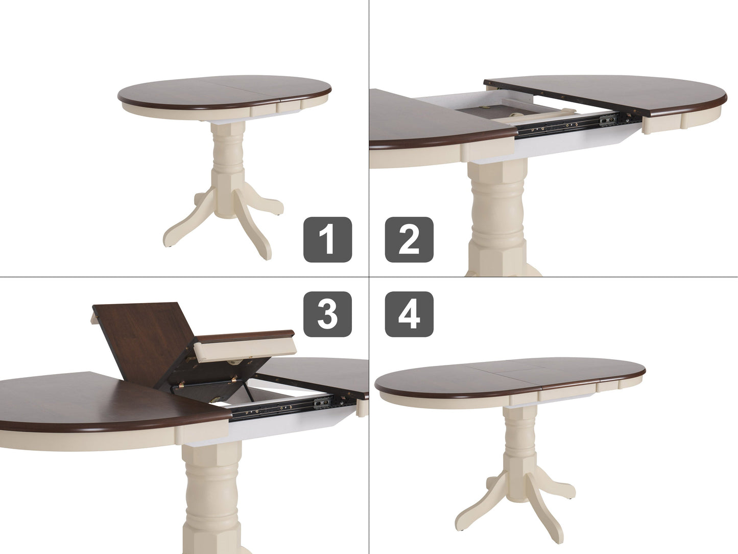 Extendable oval dining table, dark brown wood top, cream base, elegant design, contemporary dining furniture.