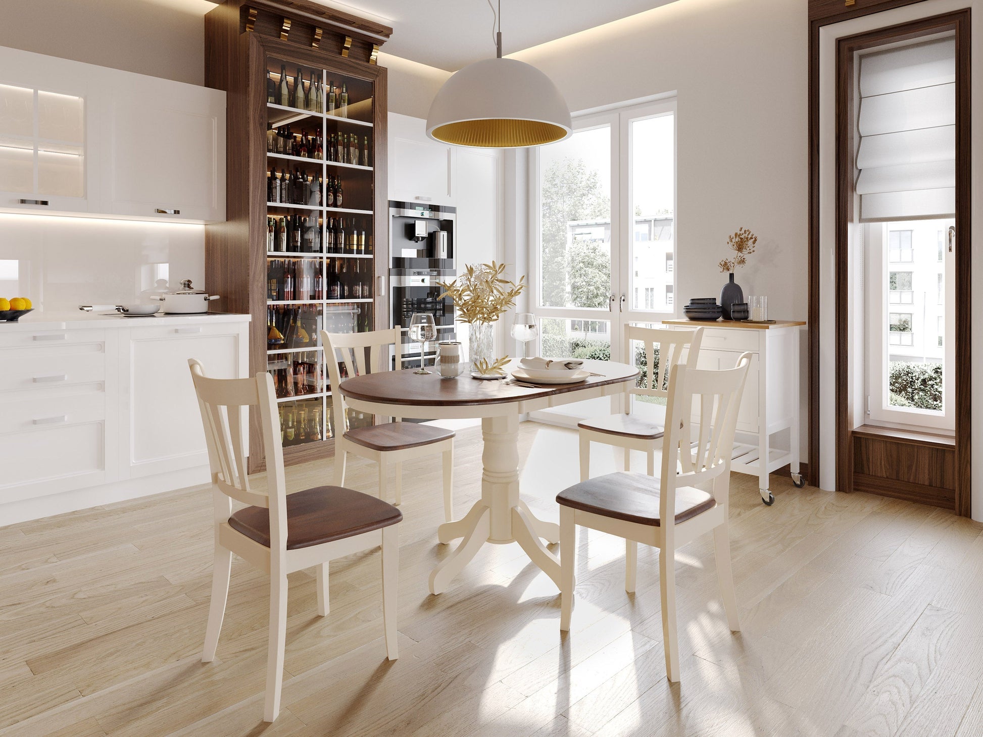 Extendable oval dining table in dark brown and cream with sleek design and sturdy wooden legs.