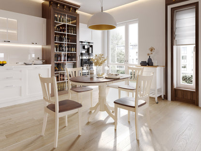 Extendable oval dining table in dark brown and cream with sleek design and sturdy wooden legs.