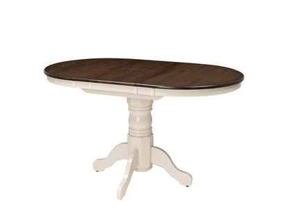 Extendable oval dining table with dark brown wood top and cream legs, perfect for modern dining rooms.