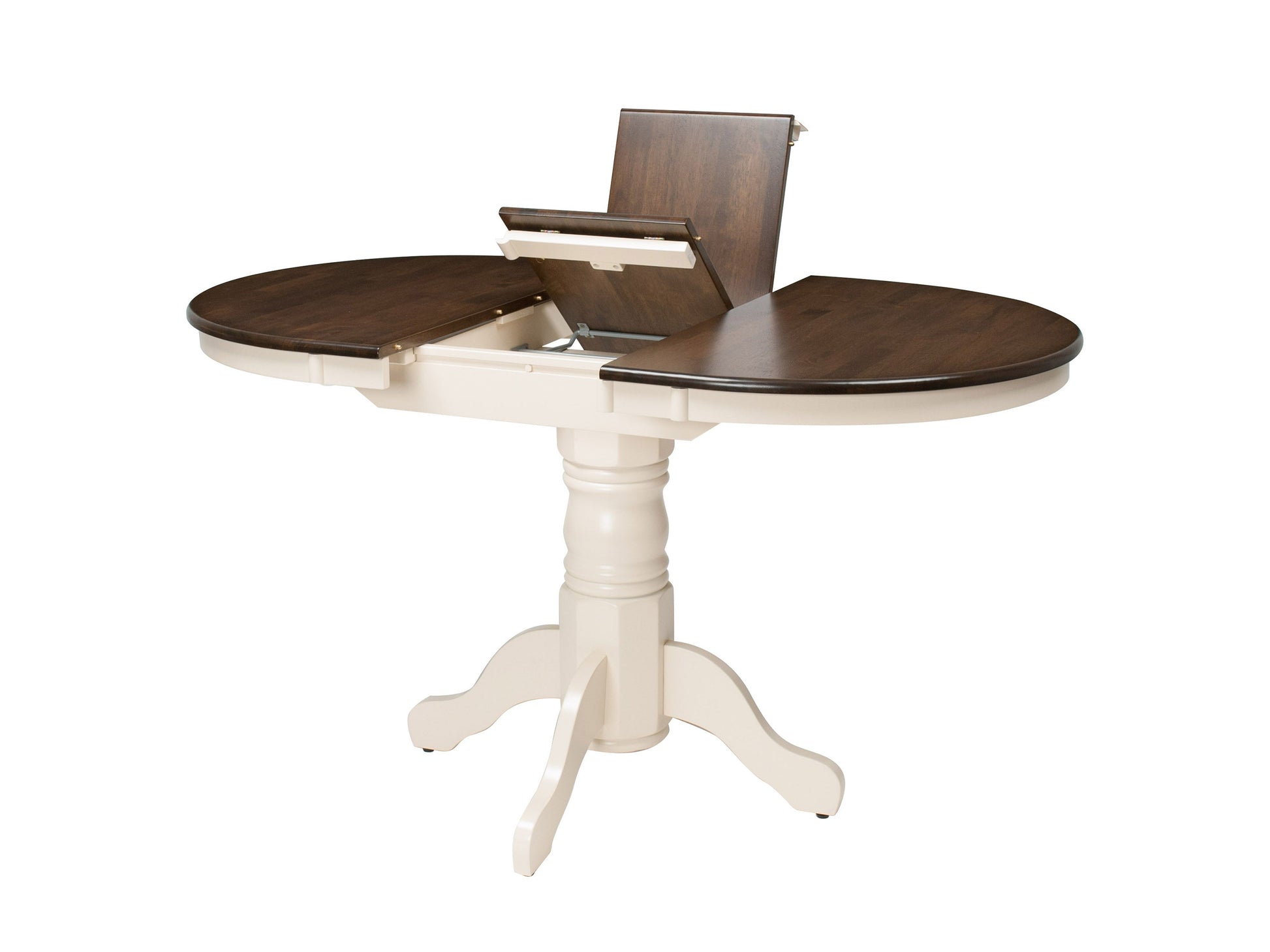 Extendable oval dining table, dark brown wood top, cream base, modern design, perfect for contemporary dining rooms.