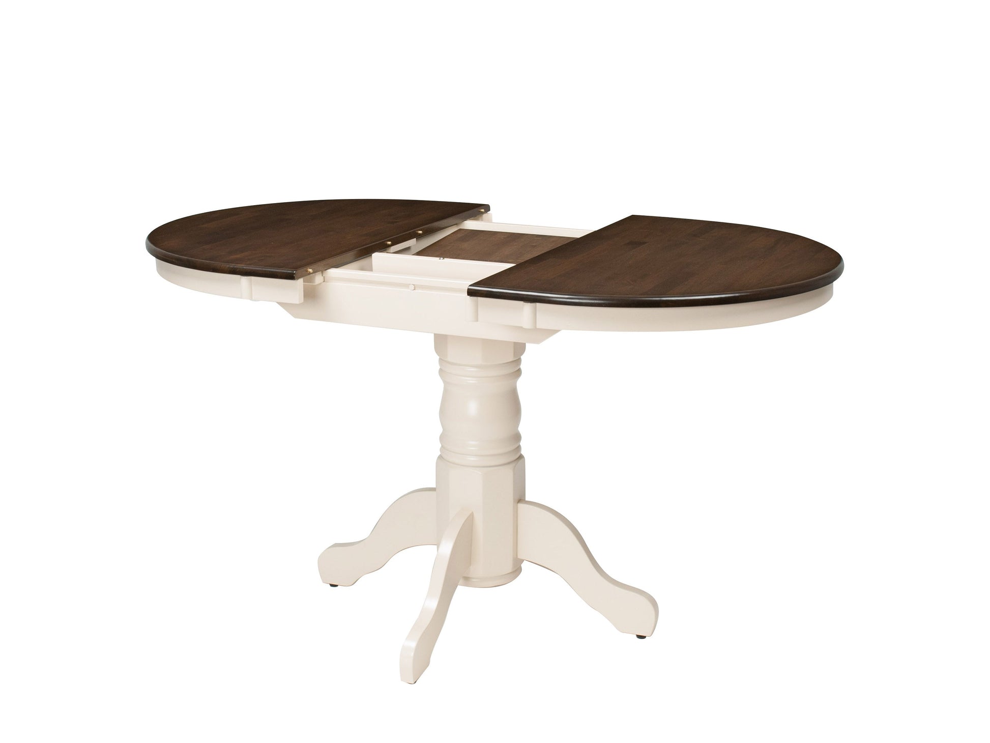 Extendable oval dining table, dark brown wood with cream accents, sleek design, perfect for modern dining rooms.