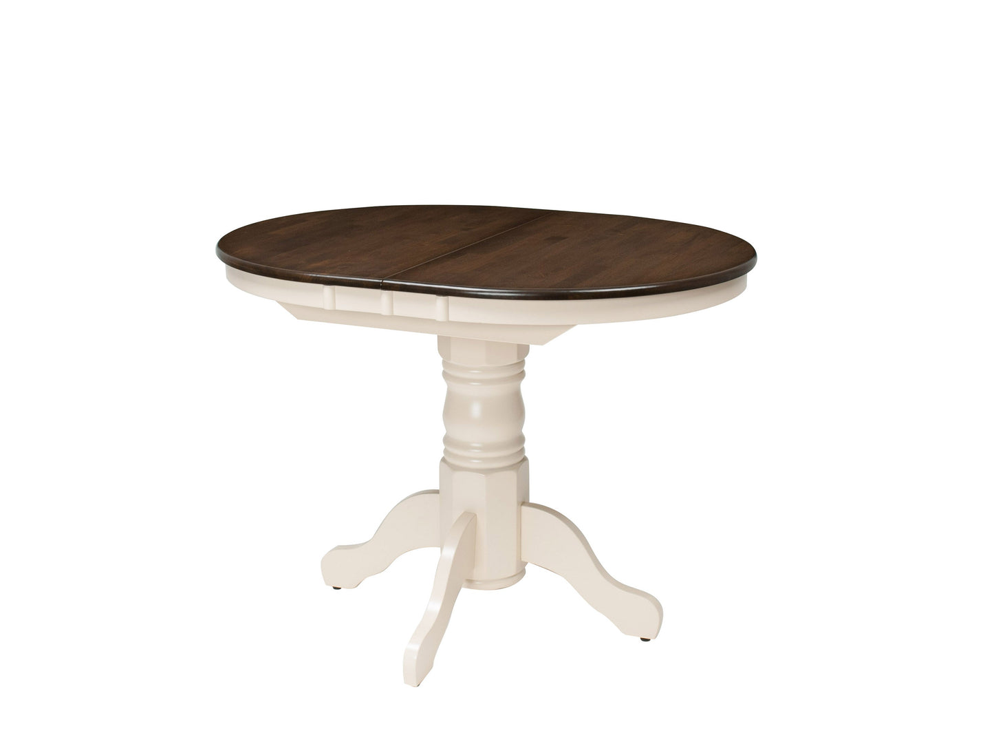 Extendable oval dining table, dark brown wood top, cream base, modern design, perfect for contemporary dining rooms.