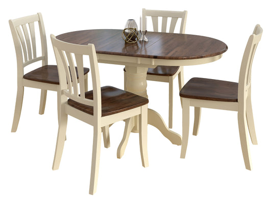 Dark brown oval extendable dining table with cream upholstered chairs, wooden legs, and modern design.