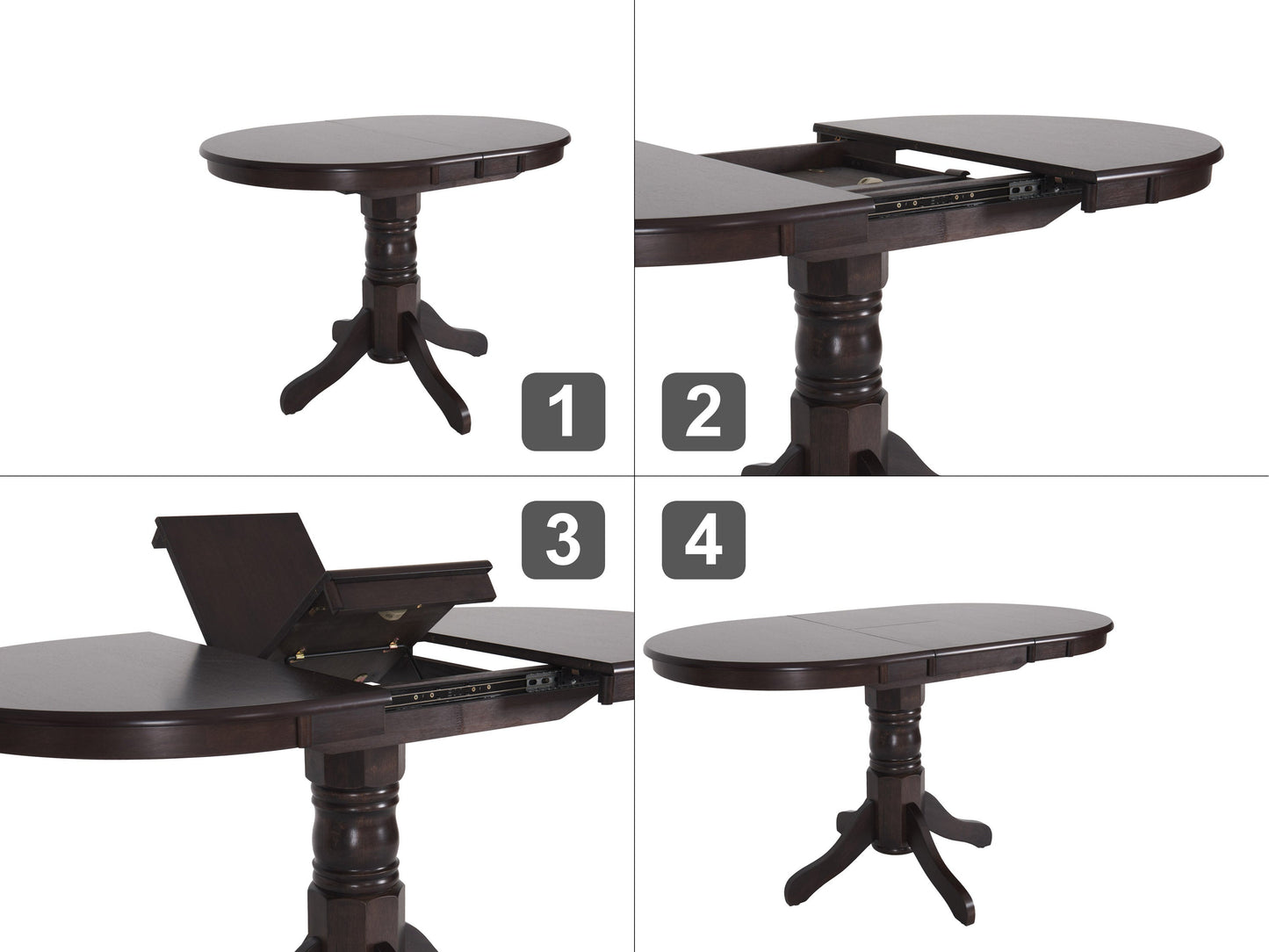 Extendable oval dining table in espresso finish with sleek wooden surface and sturdy metal legs.