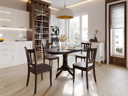 Extendable oval dining table in espresso finish with sleek modern design and sturdy wooden legs.