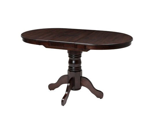 Extendable oval dining table in espresso finish with sleek wooden legs and smooth surface.