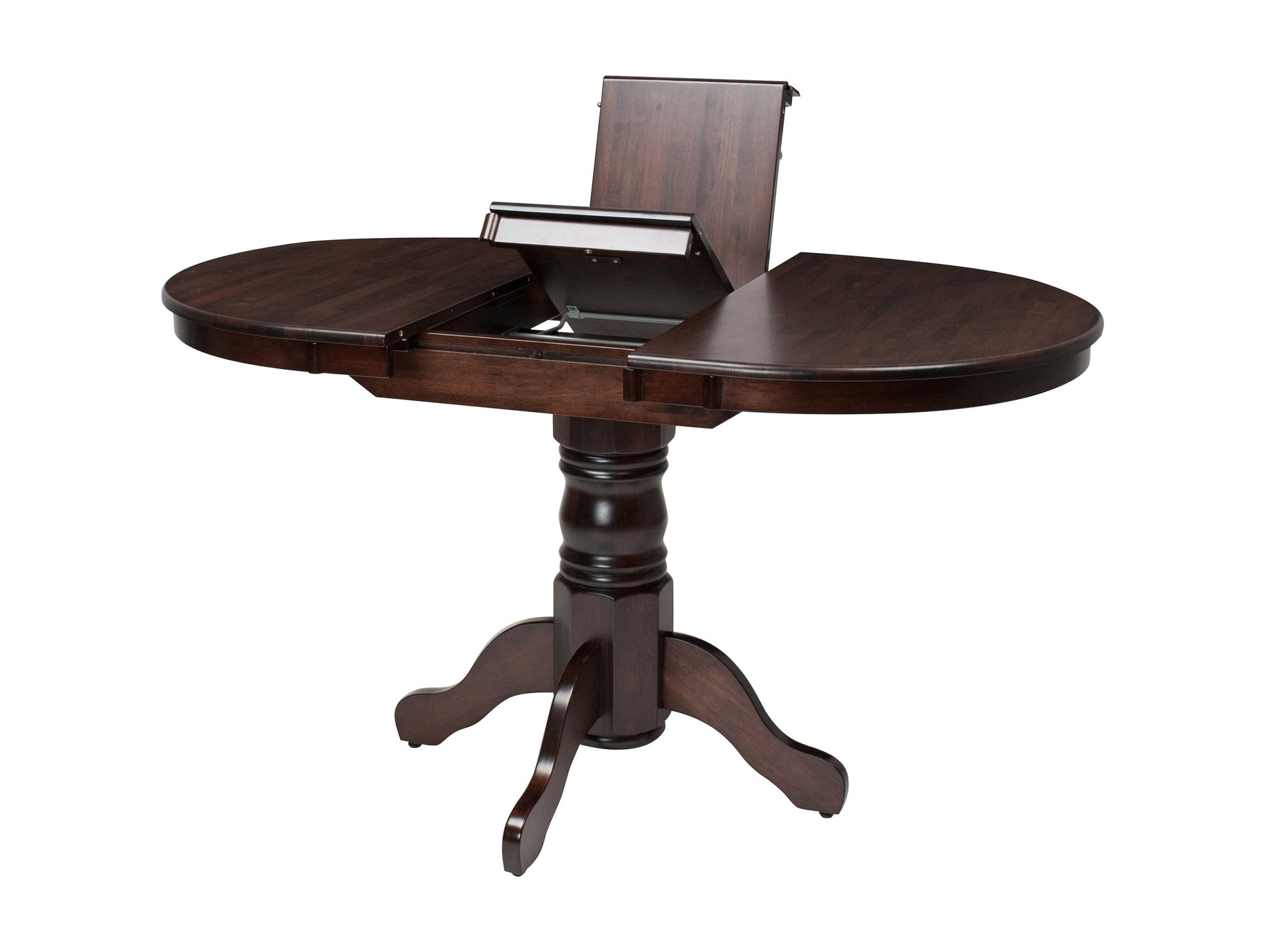 Extendable oval dining table in espresso finish with sleek wooden legs and a smooth, polished surface.