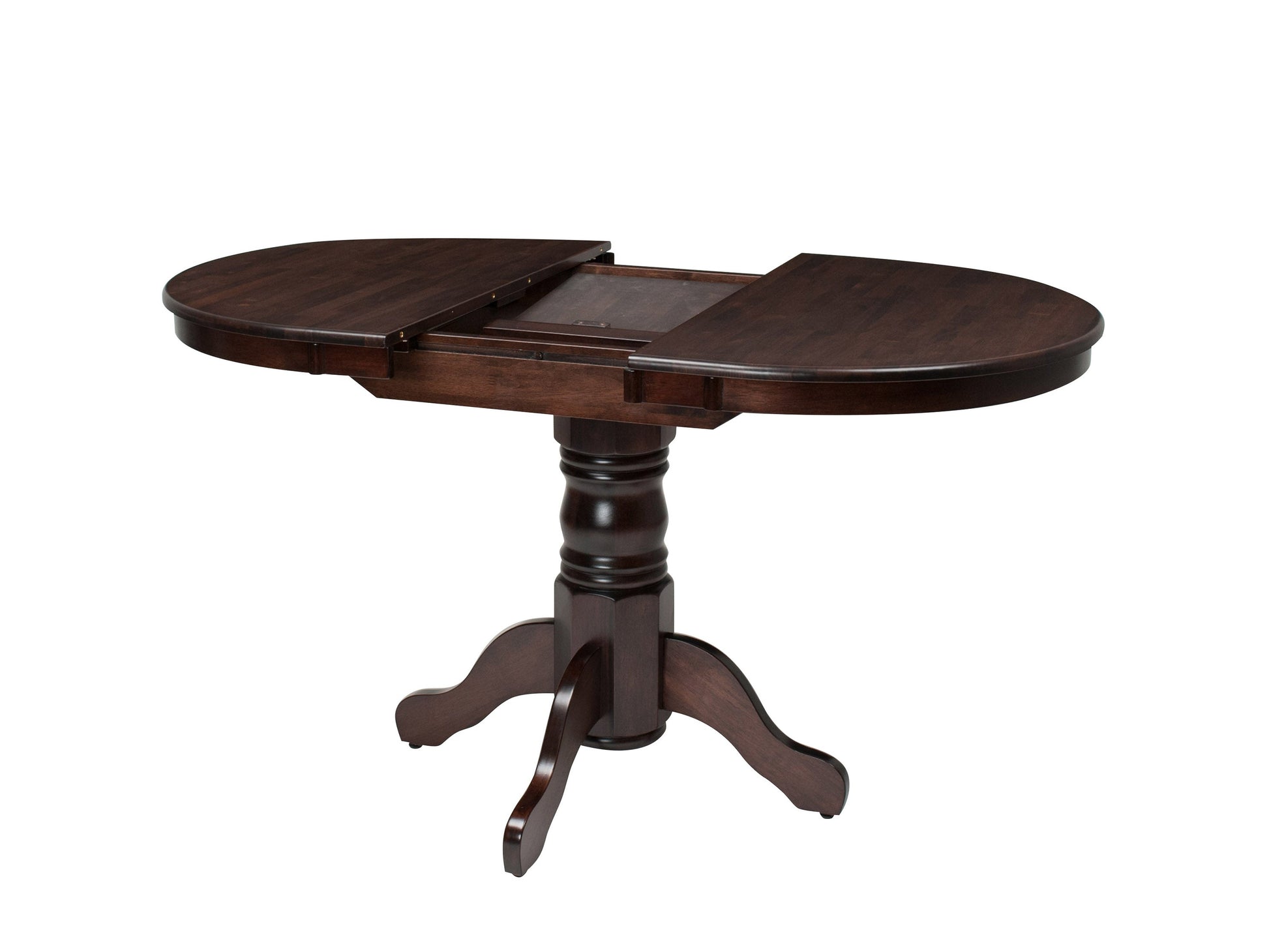 Extendable oval dining table in espresso finish with sleek wooden legs and a modern design.