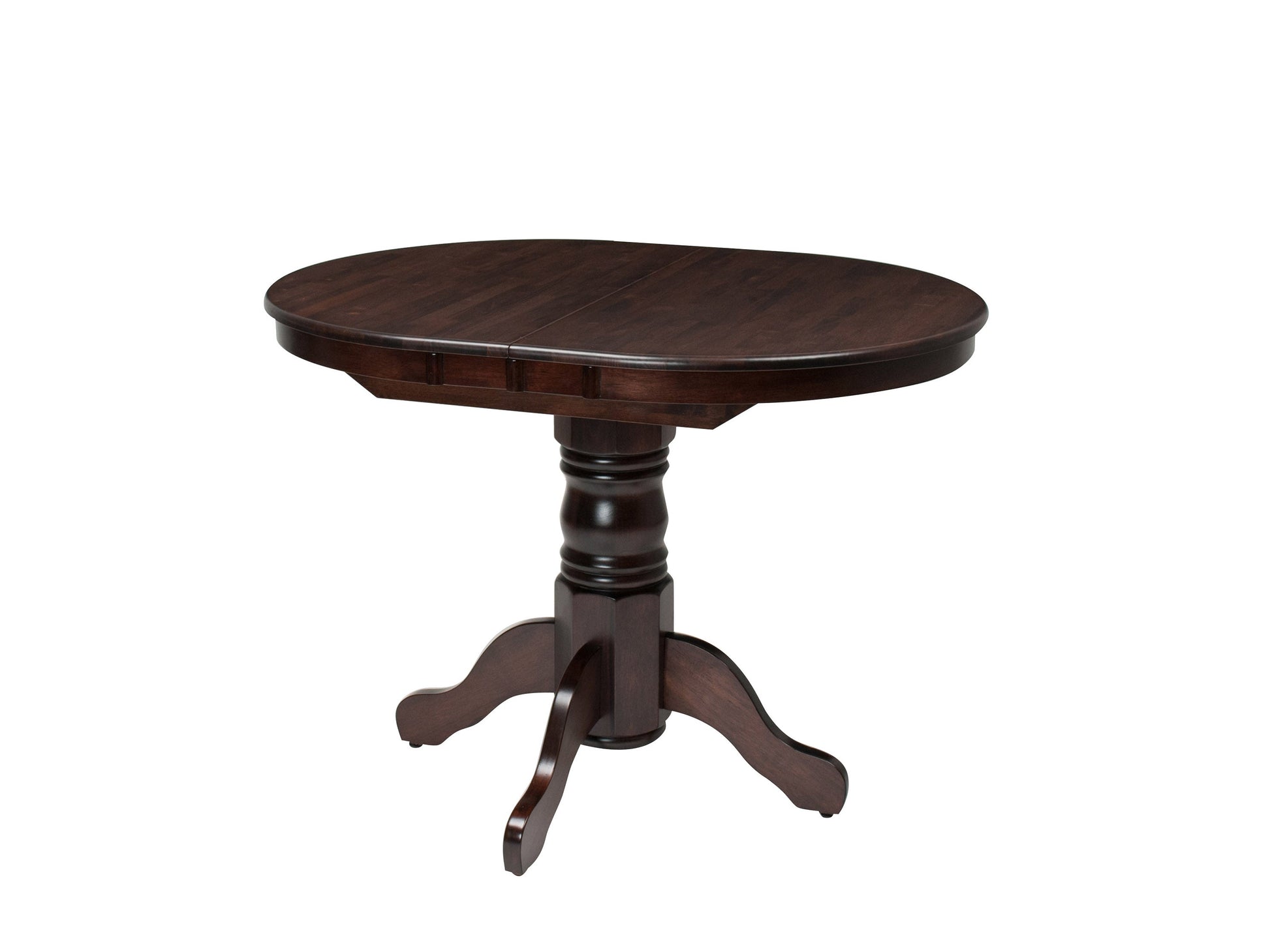 Extendable oval dining table in espresso finish with sleek wooden legs and smooth surface.