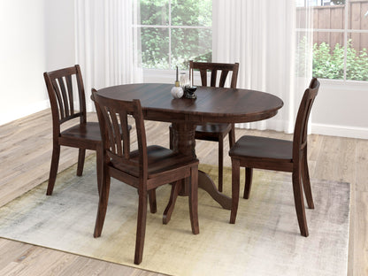 Extendable oval dining set, 5-piece, espresso finish, modern design, dark wood, includes table and four chairs.