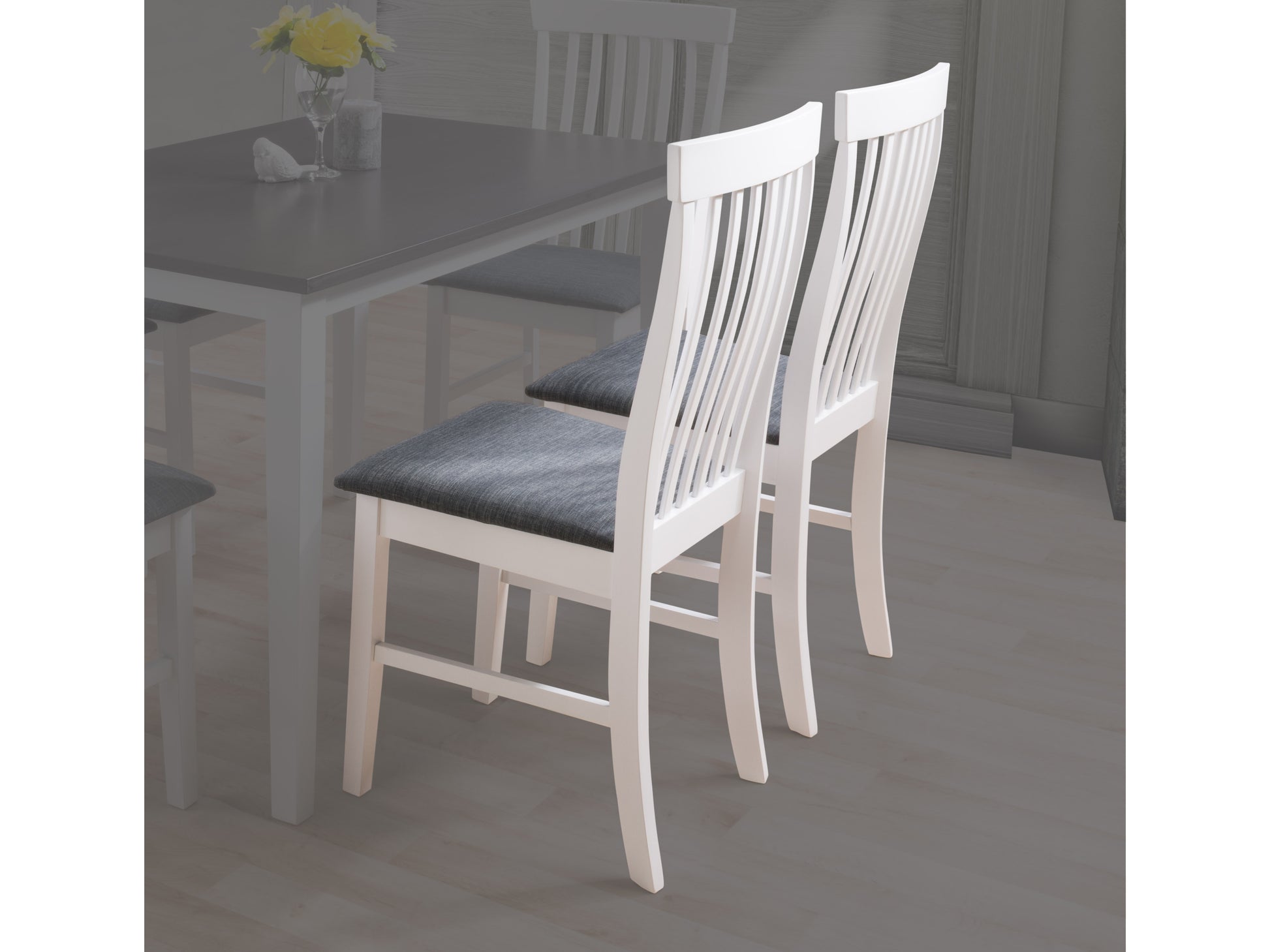 White wooden dining chairs set of 2 with slatted backs and cushioned seats in a modern kitchen setting, featuring a light wood table and neutral decor. Ideal for contemporary dining rooms.