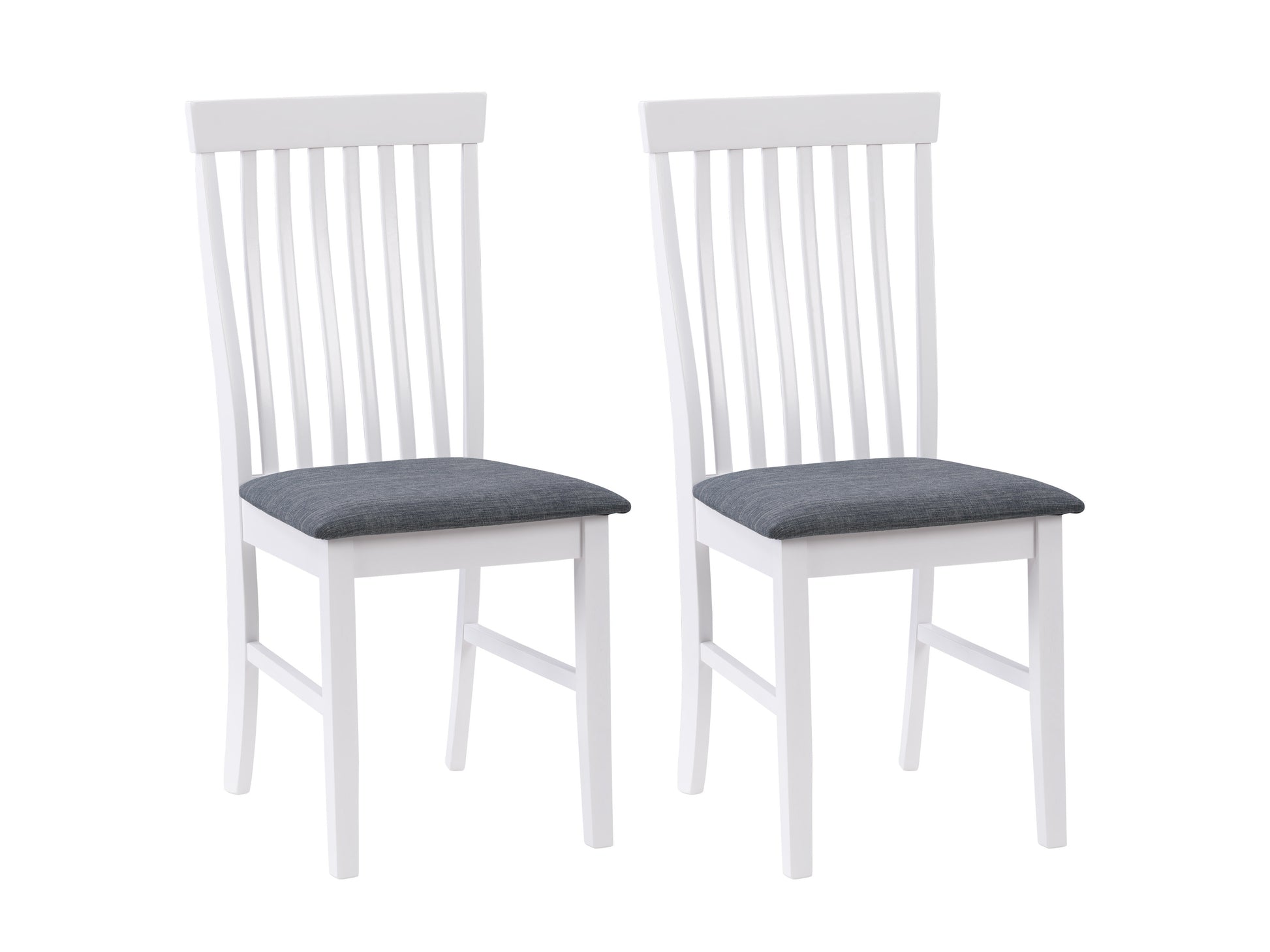 White wooden dining chairs set of 2 with slatted backs and cushioned seats, perfect for modern and rustic dining rooms. Durable wood construction with a smooth finish, ideal for comfortable seating.