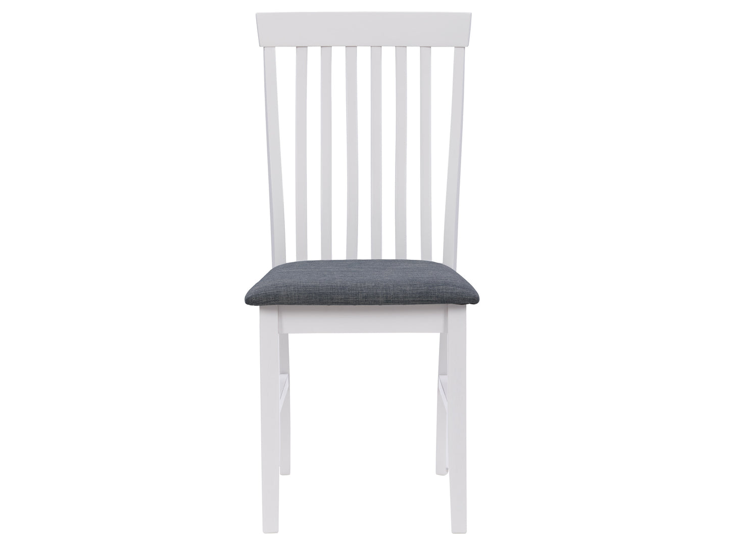 White wooden dining chairs set of 2 with slatted backs and cushioned seats, perfect for a modern kitchen or dining room. Durable wood construction with a smooth finish, offering comfort and style.