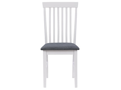 White wooden dining chairs set of 2 with slatted backs and cushioned seats, perfect for a modern kitchen or dining room. Durable wood construction with a smooth finish, offering comfort and style.