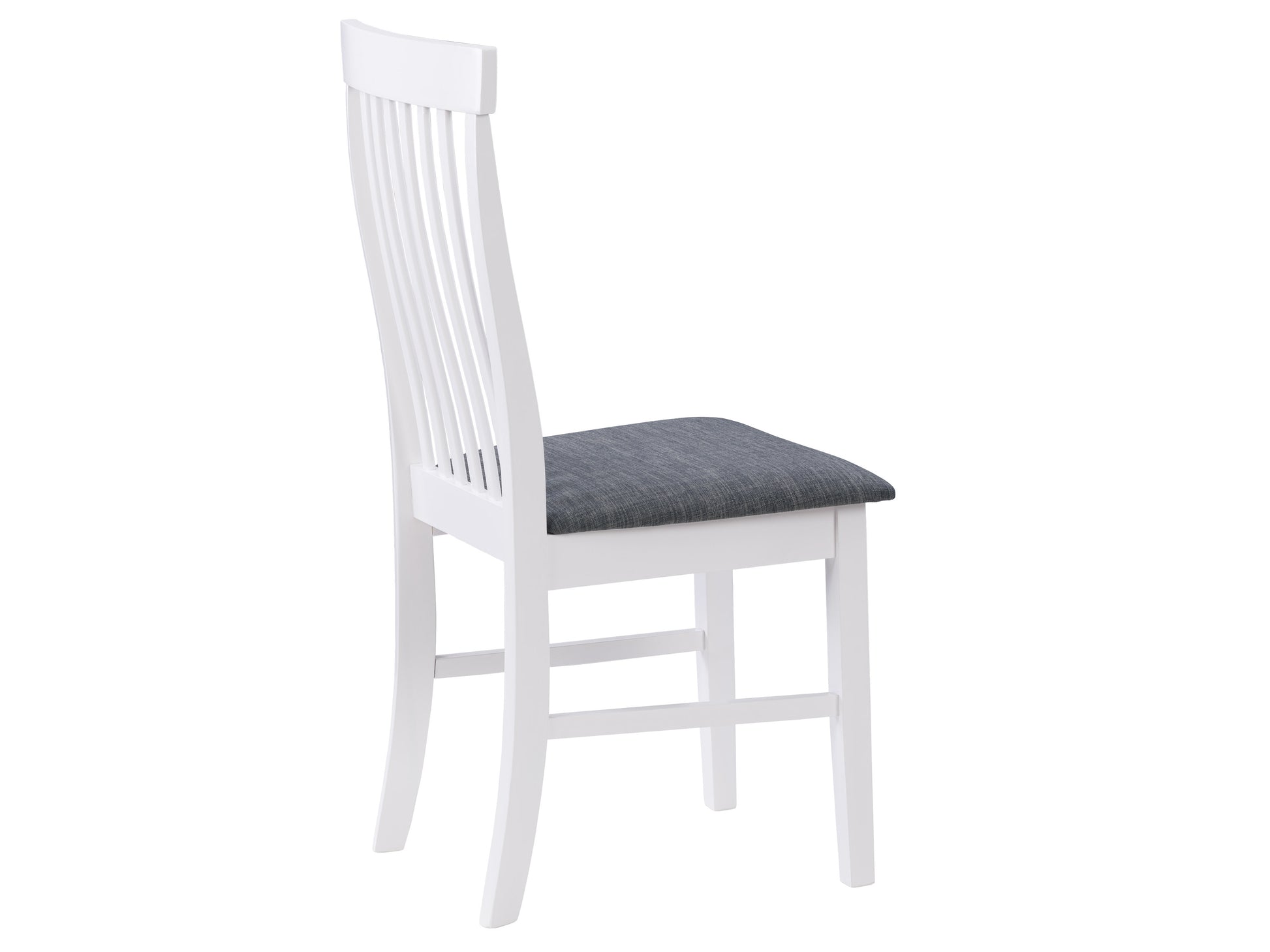 Set of two white wooden dining chairs with slatted backs and cushioned seats, featuring a smooth finish and sturdy construction, perfect for modern or traditional dining rooms.