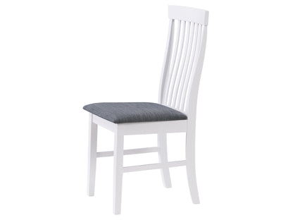 White wooden dining chairs, set of 2, with slatted backrests and cushioned seats, featuring a classic design perfect for modern and traditional dining rooms. Durable wood construction and comfortable seating.