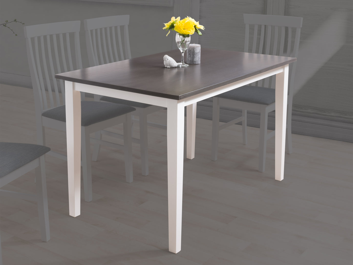 Grey and white dining table with sleek modern design, featuring a sturdy grey metal frame and a smooth white tabletop. Ideal for contemporary dining rooms, this table offers a minimalist aesthetic and durable construction.