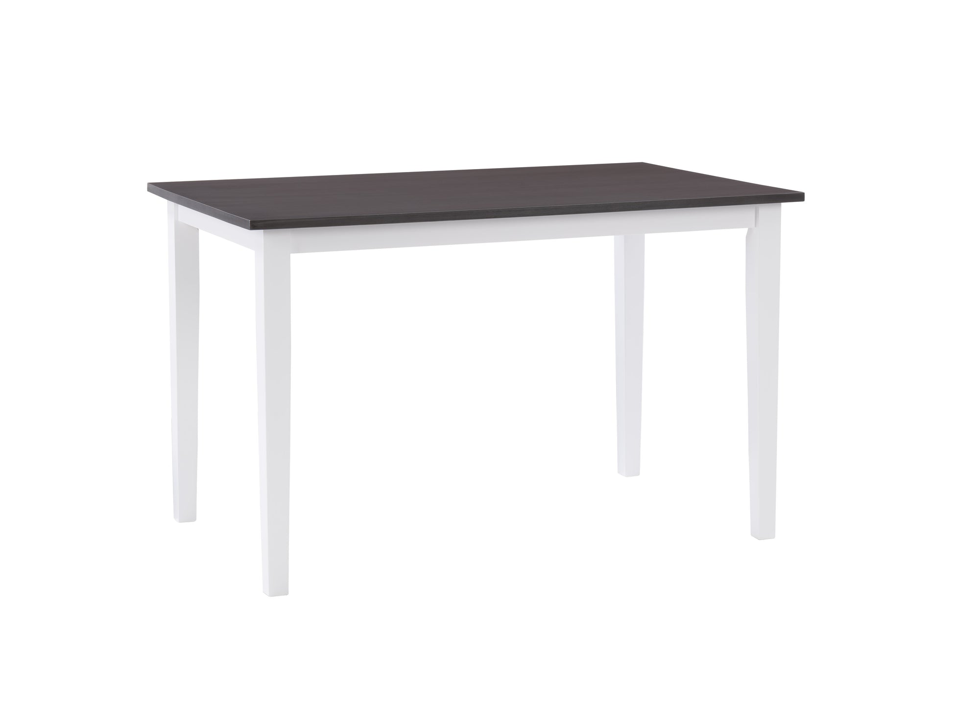 Modern grey and white dining table with sleek rectangular design, featuring a sturdy metal base and smooth wooden top, perfect for contemporary dining rooms and kitchens.