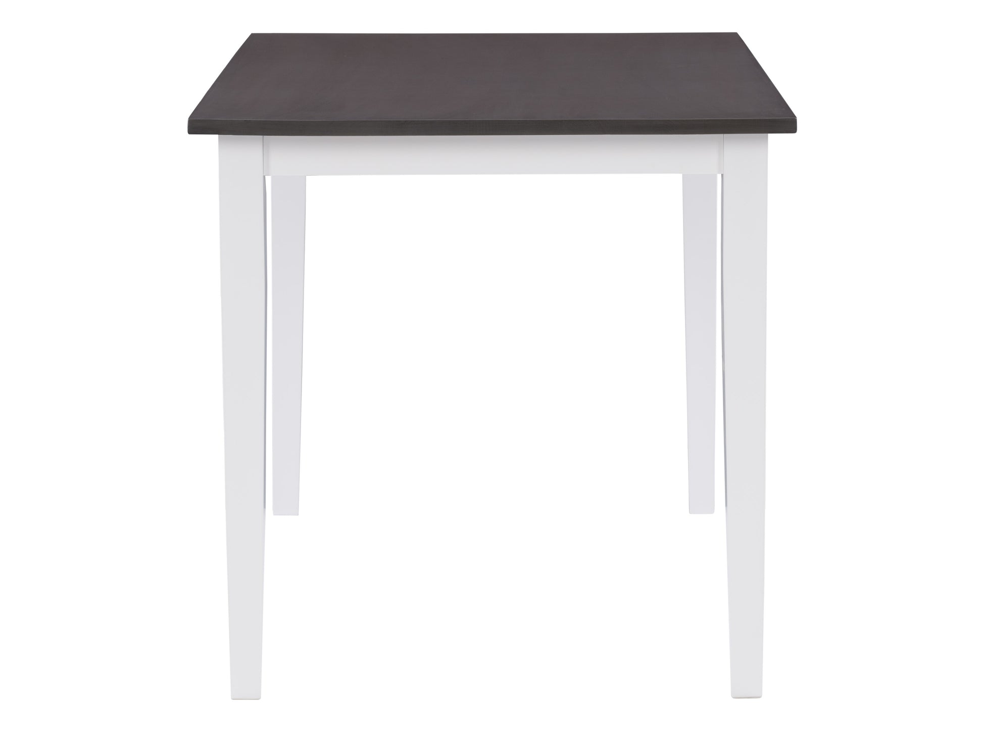 Grey and white dining table with sleek metal legs, smooth rectangular top, and modern minimalist design, ideal for contemporary dining rooms.