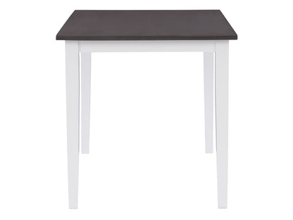 Grey and white dining table with sleek metal legs, smooth rectangular top, and modern minimalist design, ideal for contemporary dining rooms.