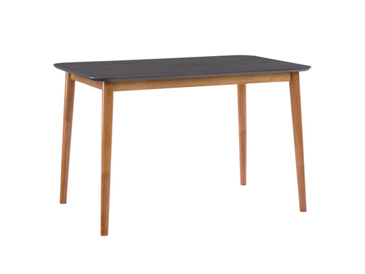 Grey wooden dining table with sleek, minimalist design, featuring a rectangular top and sturdy legs. Modern dining room furniture, perfect for contemporary home decor.