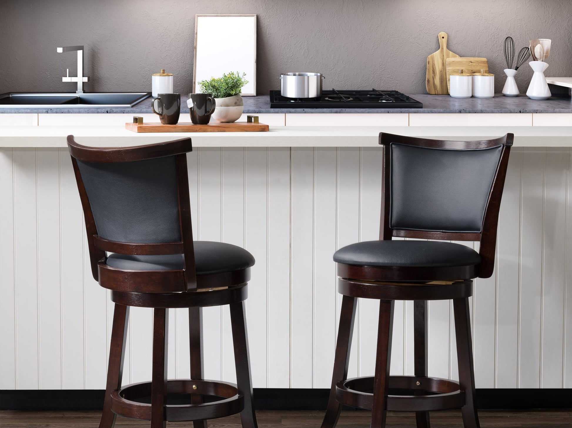 Brown counter height bar stools with cushioned seats, wooden legs, and footrests, set of 2, perfect for kitchen or bar areas.