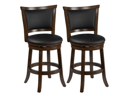 Brown counter height bar stools, set of 2, with cushioned seats, wooden legs, and footrests for kitchen or bar use.