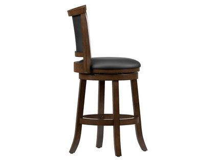 Set of 2 brown counter height bar stools with cushioned seats, wooden legs, and footrests.