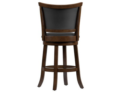 Brown counter height bar stools set of 2 with wooden legs, cushioned seats, and backrests for kitchen or bar areas.