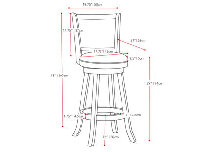 Set of 2 black bar height bar stools with cushioned seats, metal frames, and footrests