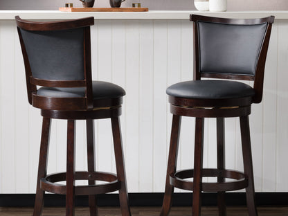 Black bar height stools set of 2 with cushioned seats, sleek metal legs, and modern design for kitchen or bar.