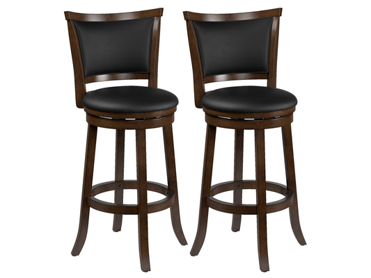 Black bar height bar stools, set of 2, with cushioned seats, metal legs, and modern design.