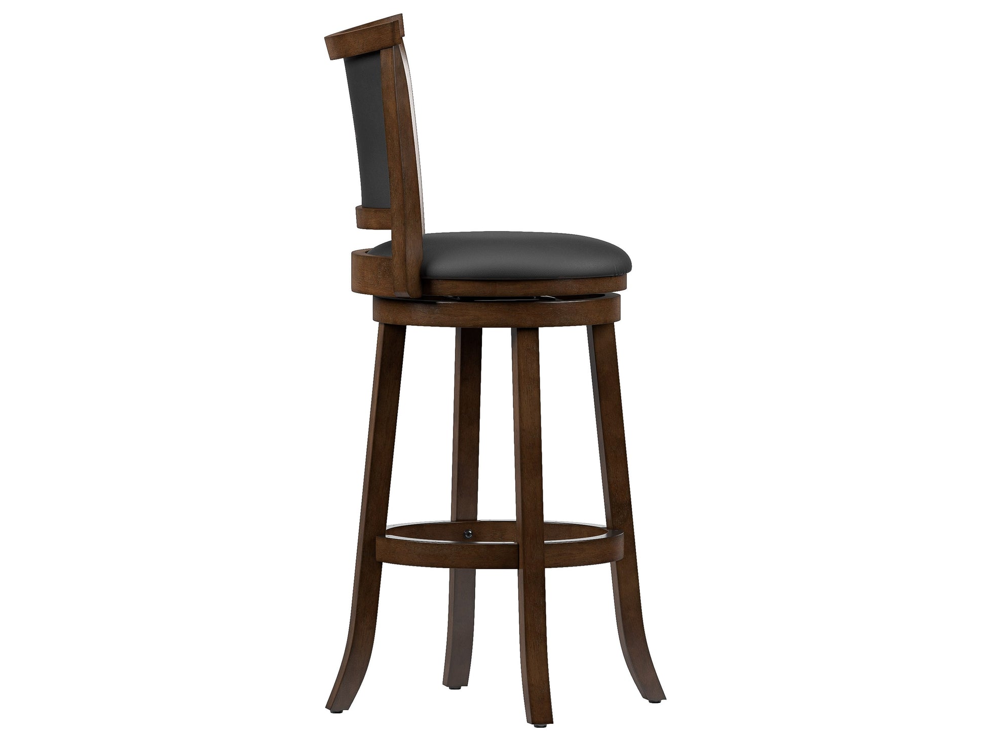 Set of 2 black bar height bar stools with cushioned seats, sleek design, and sturdy metal frames.