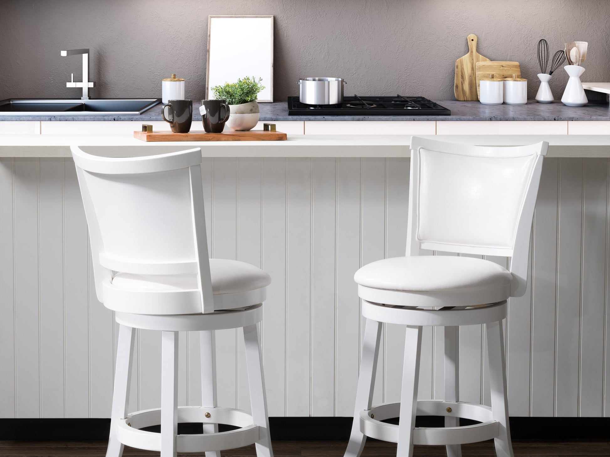 White counter height bar stools set of 2 with cushioned seats, sleek chrome legs, and modern design.