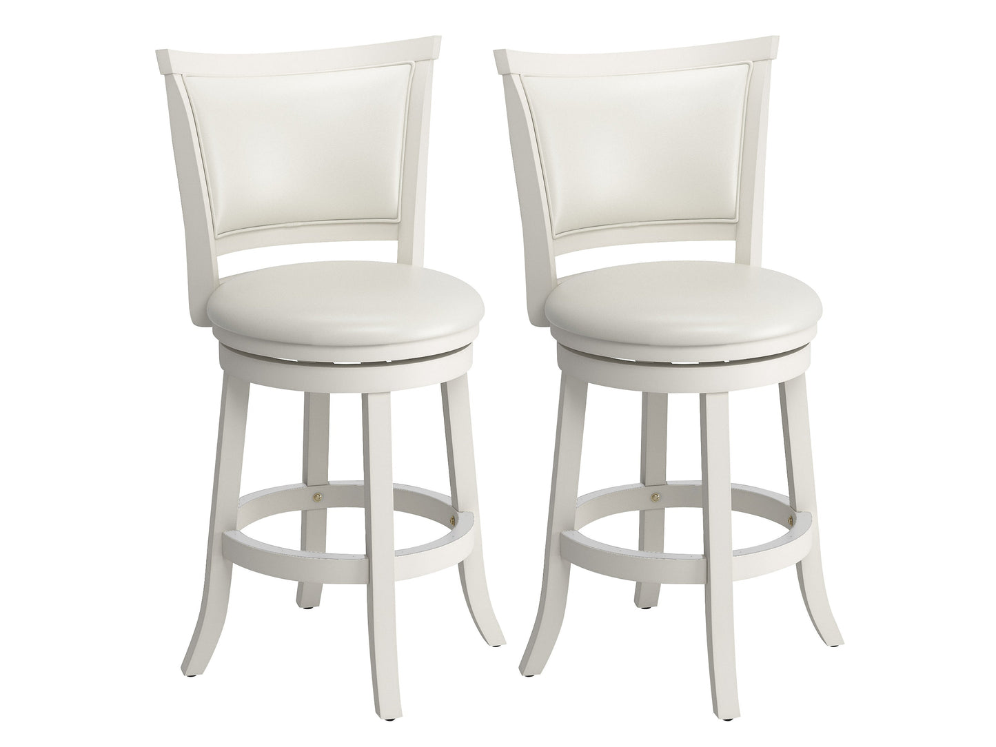 White counter height bar stools, set of 2, with cushioned seats and sleek metal legs, modern kitchen furniture.