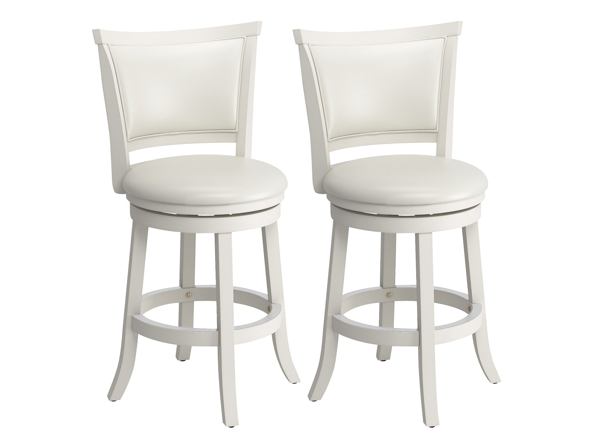 White counter height bar stools, set of 2, with cushioned seats and sleek metal legs, modern kitchen furniture.