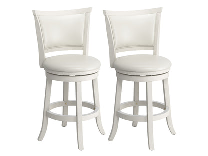 White counter height bar stools, set of 2, with cushioned seats and sleek metal legs, modern kitchen furniture.