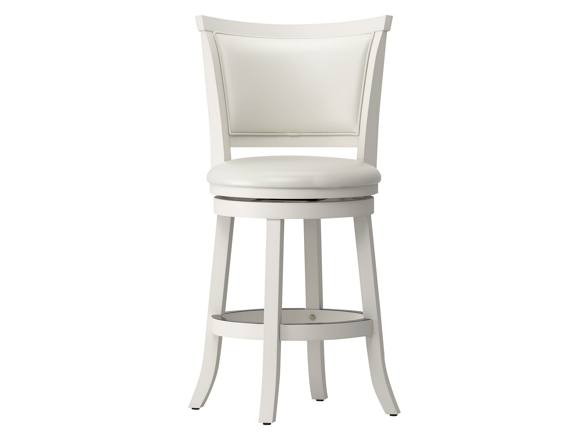 White counter height bar stools, set of 2, with padded seats and sleek metal legs for modern kitchen or bar areas.