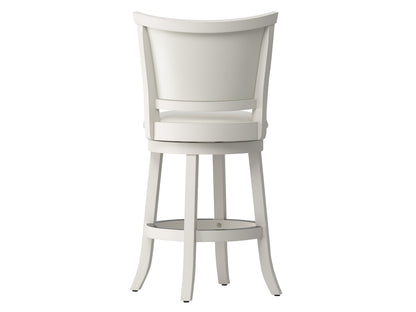 White counter height bar stools, set of 2, with cushioned seats and sleek wooden legs for modern kitchens and bars.