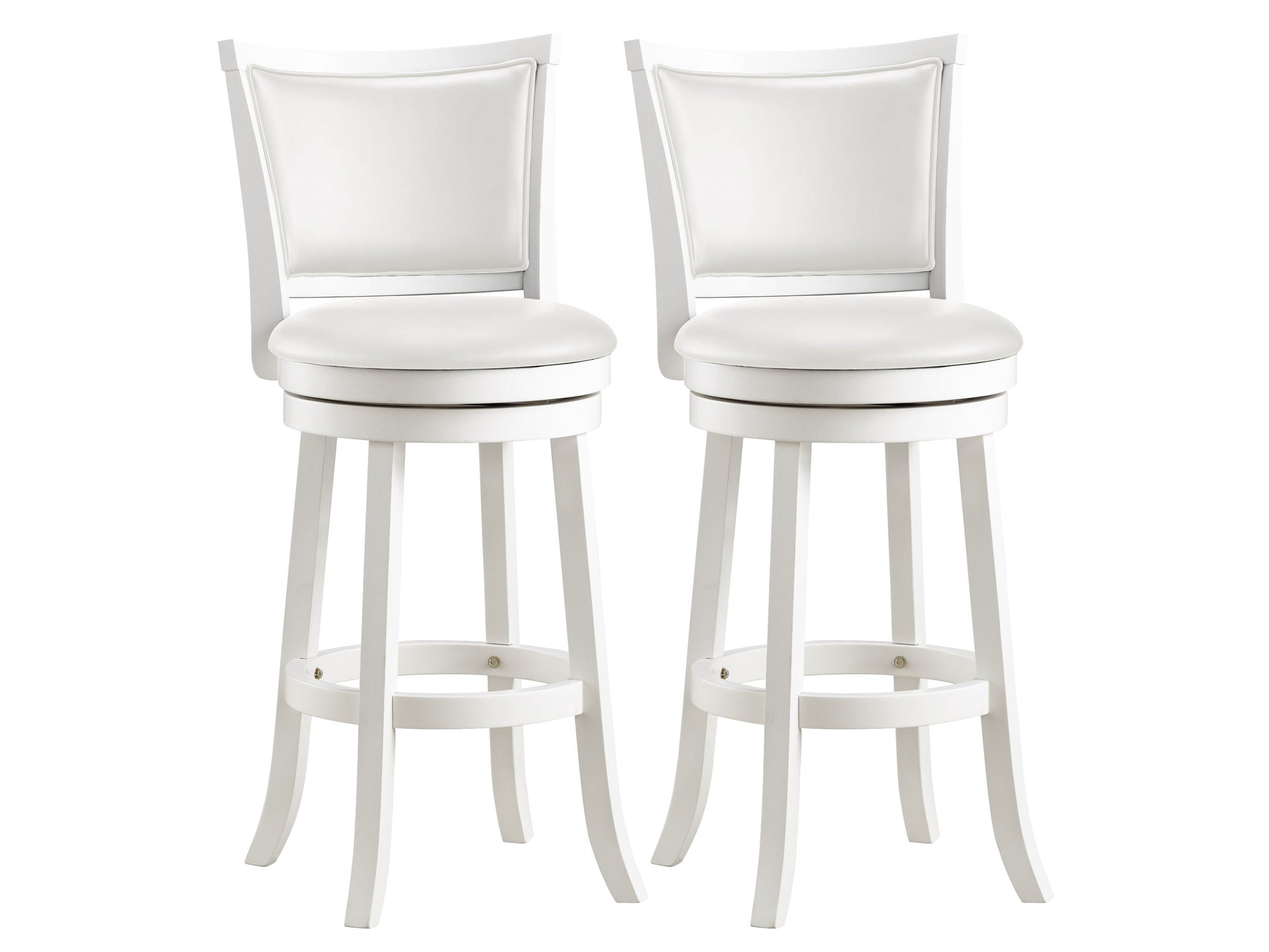 White bar height bar stools set of 2 with cushioned seats, wooden legs, and modern design.