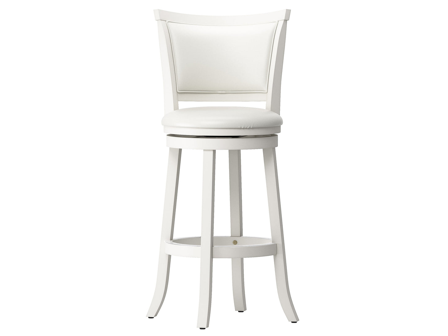 White bar height bar stools, set of 2, with cushioned seats, sleek metal legs, and a modern minimalist design.