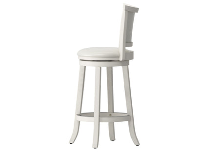 White bar height bar stools set of 2 with sleek metal legs and cushioned seats, modern design for kitchen or bar areas.