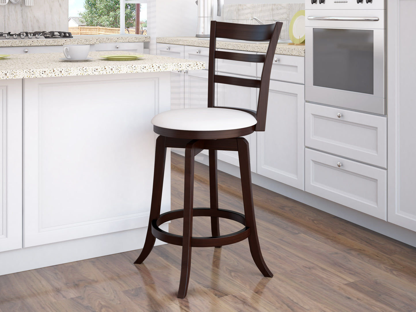 Mid-century modern wood bar stool in natural brown with a cushioned seat and curved backrest, featuring sleek black metal legs and a footrest, perfect for counter height dining or kitchen islands.