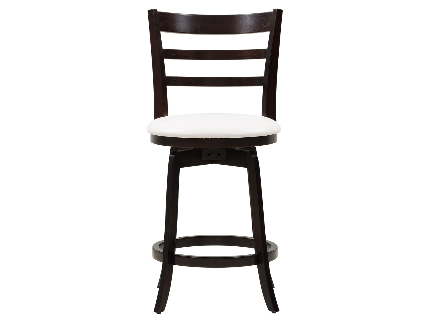 Alt Text: Modern counter-height wood bar stool with dark walnut finish, curved seat, and sleek black metal legs.